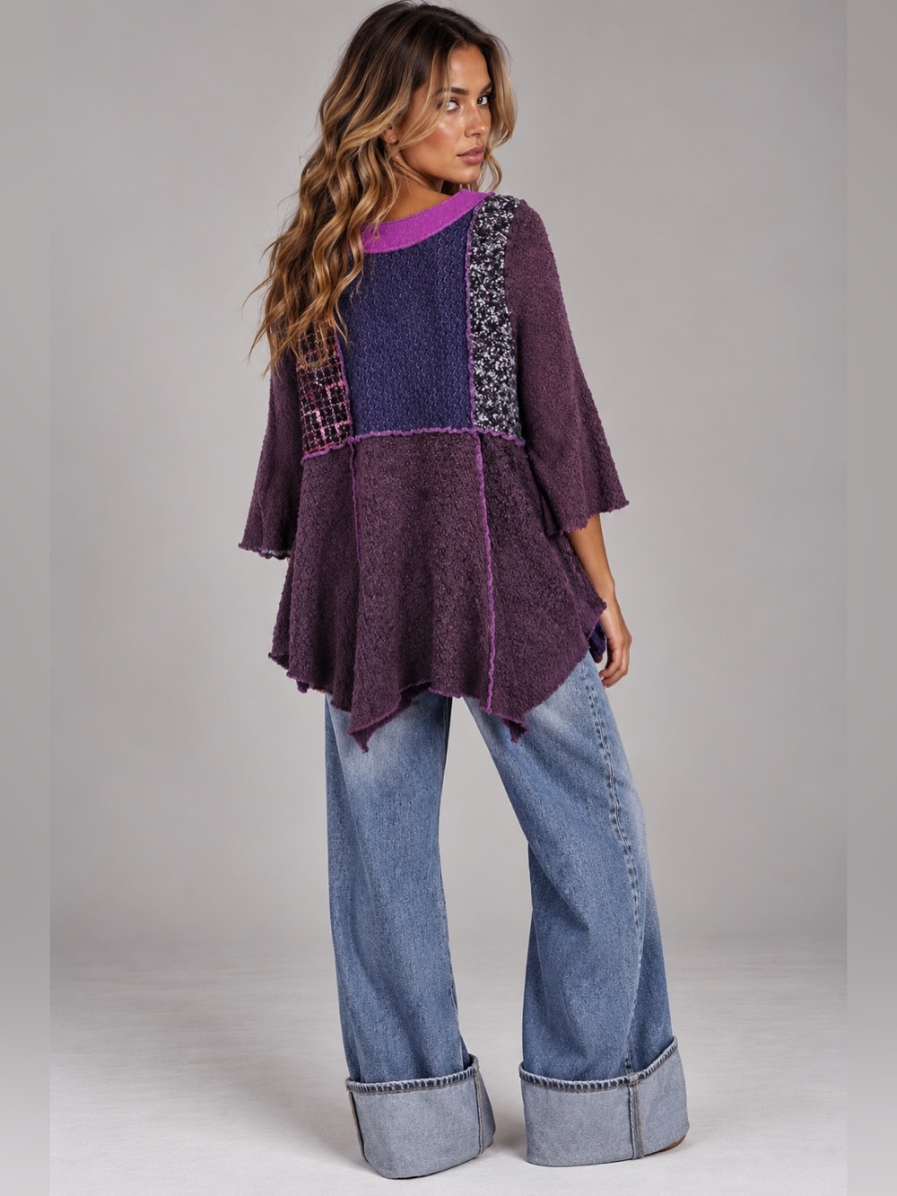 Hand Jive Lagenlook Patchwork Textured Flare Tunic in Deep Purple Sz M